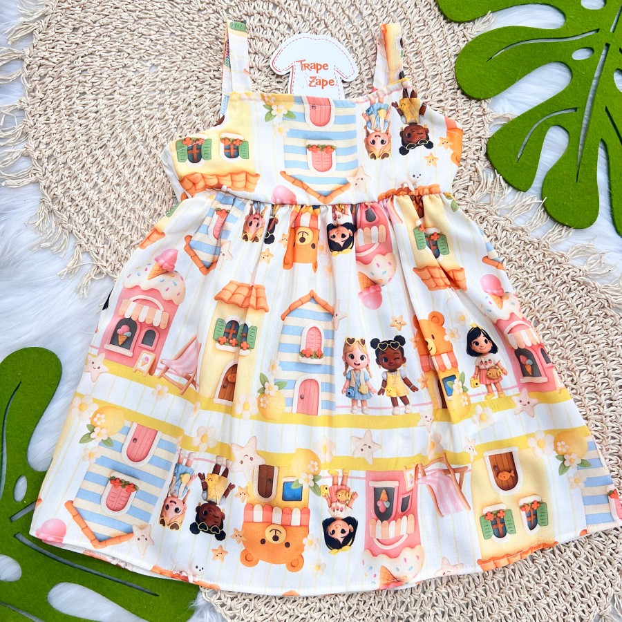 Vestido Bonequinhas e Casinhas Alaranjado